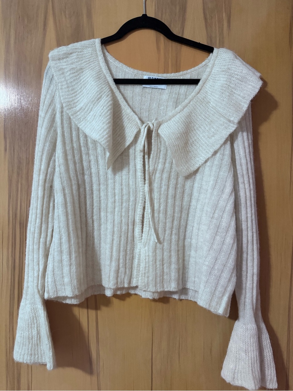 Old Navy Cream Ribbed Tie-Front Sweater with Peter Pan Collar